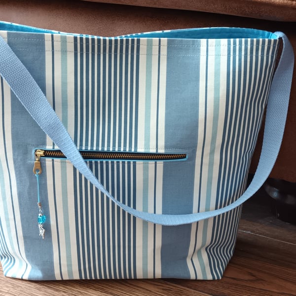 Blue And White Striped Shoulder Tote Bag With Two Pockets. Free Delivery 