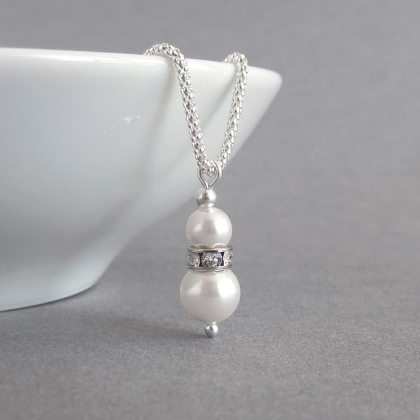 White Pearl and Crystal Necklace - Bridal Drop Pendant - Wedding Accessories