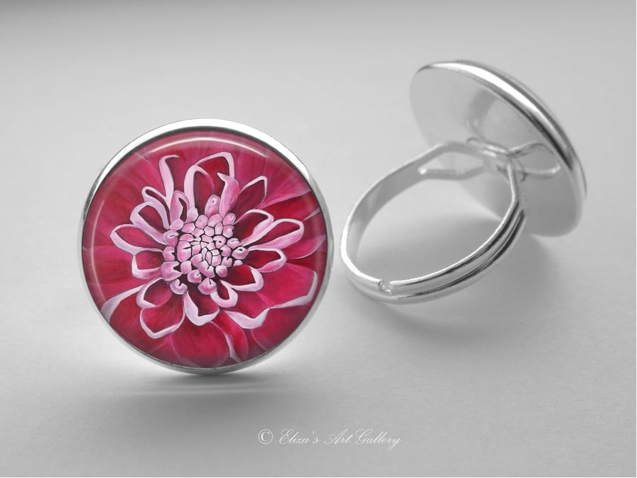 Silver Plated Pink Chrysanthemum Flower Art Glass Cabochon Ring