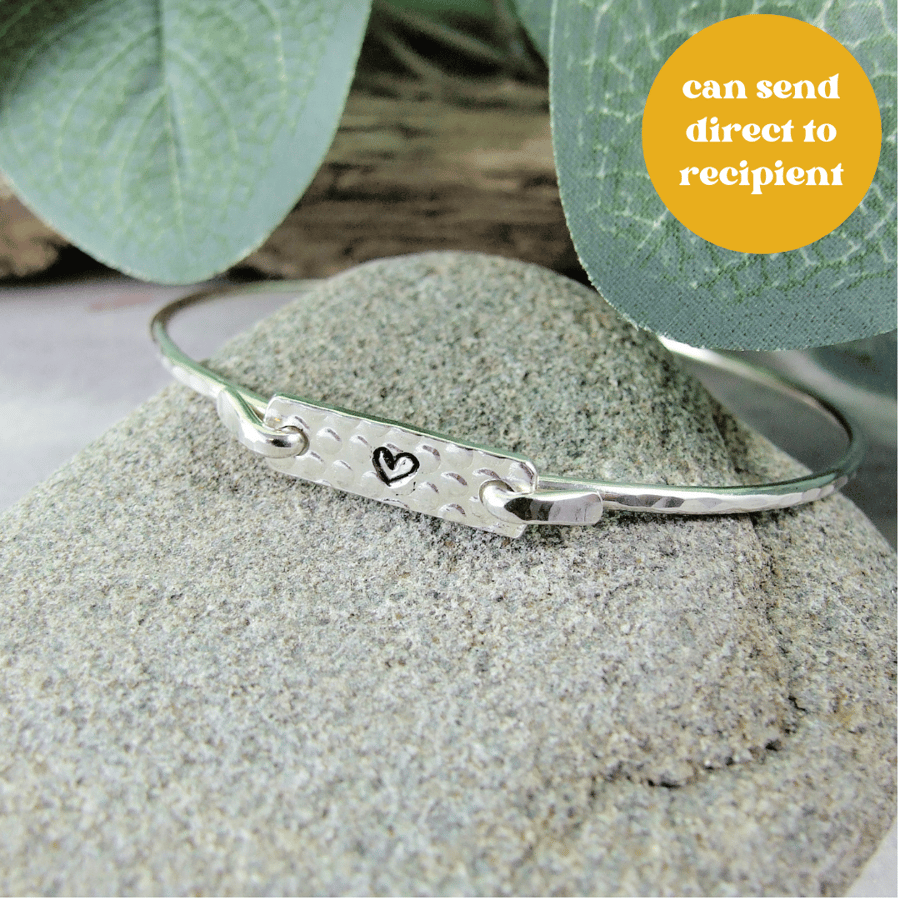 Sterling Silver Bangle with Heart Stamped on Bar 