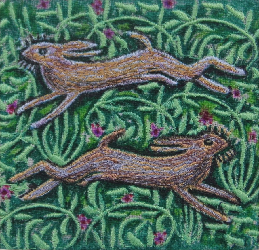 'Spring Hares' Original Embroidery Collage
