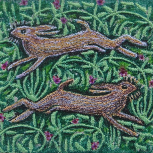 'Spring Hares' Original Embroidery Collage