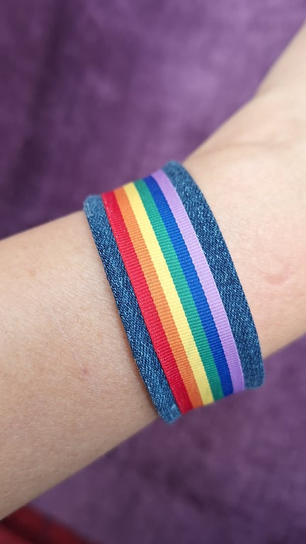 Upcycled Denim Rainbow LGBT Pride Wristband Bracelet with Stainless Steel Clasp