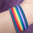 Upcycled Denim Rainbow LGBT Pride Wristband Bracelet with Stainless Steel Clasp