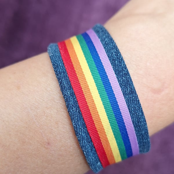 Upcycled Denim Rainbow Pride Wristband Bracelet with Stainless Steel Clasp