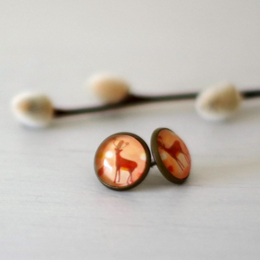 Orange Studs with Deer, Animal earrings with art Print, Autumn Earrings