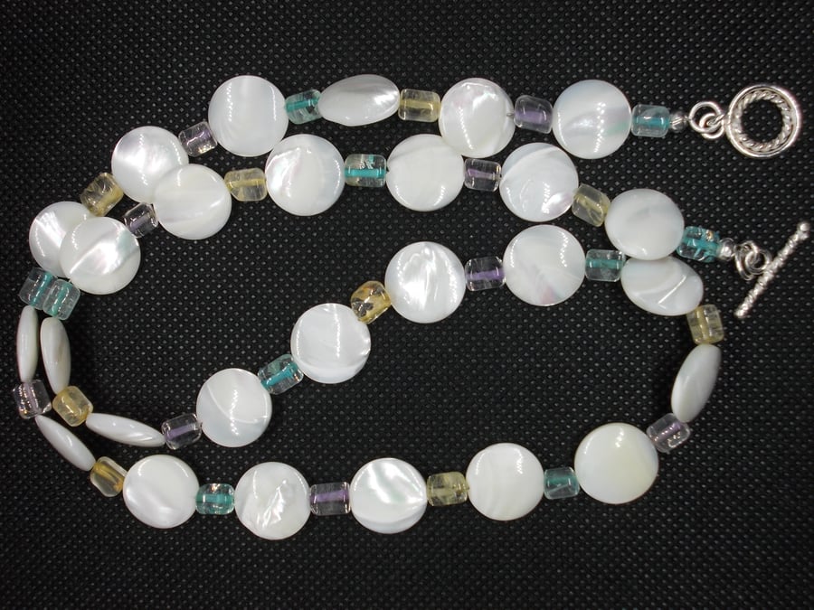 SALE - Mother of pearl coin necklace with quartz spacers