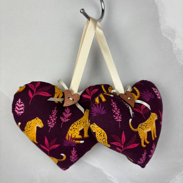 Handmade leopard cats hanging fabric hearts set of 2