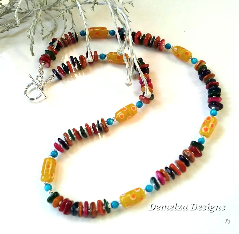 Mother of Pearl & Hand Blown Glass Beaded Necklace  Silver Plated 