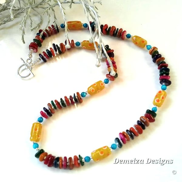 Mother of Pearl & Hand Blown Glass Beaded Necklace  Silver Plated 