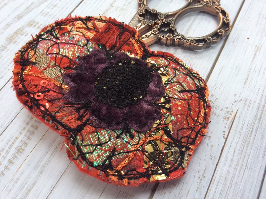 Embroidered up-cycled poppy brooch pin or badge. 
