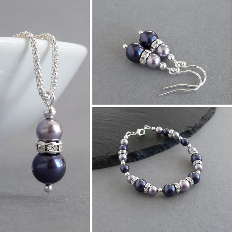 Dark Purple and Lilac Pearl and Crystal Jewellery Set - Dusty Purple Wedding