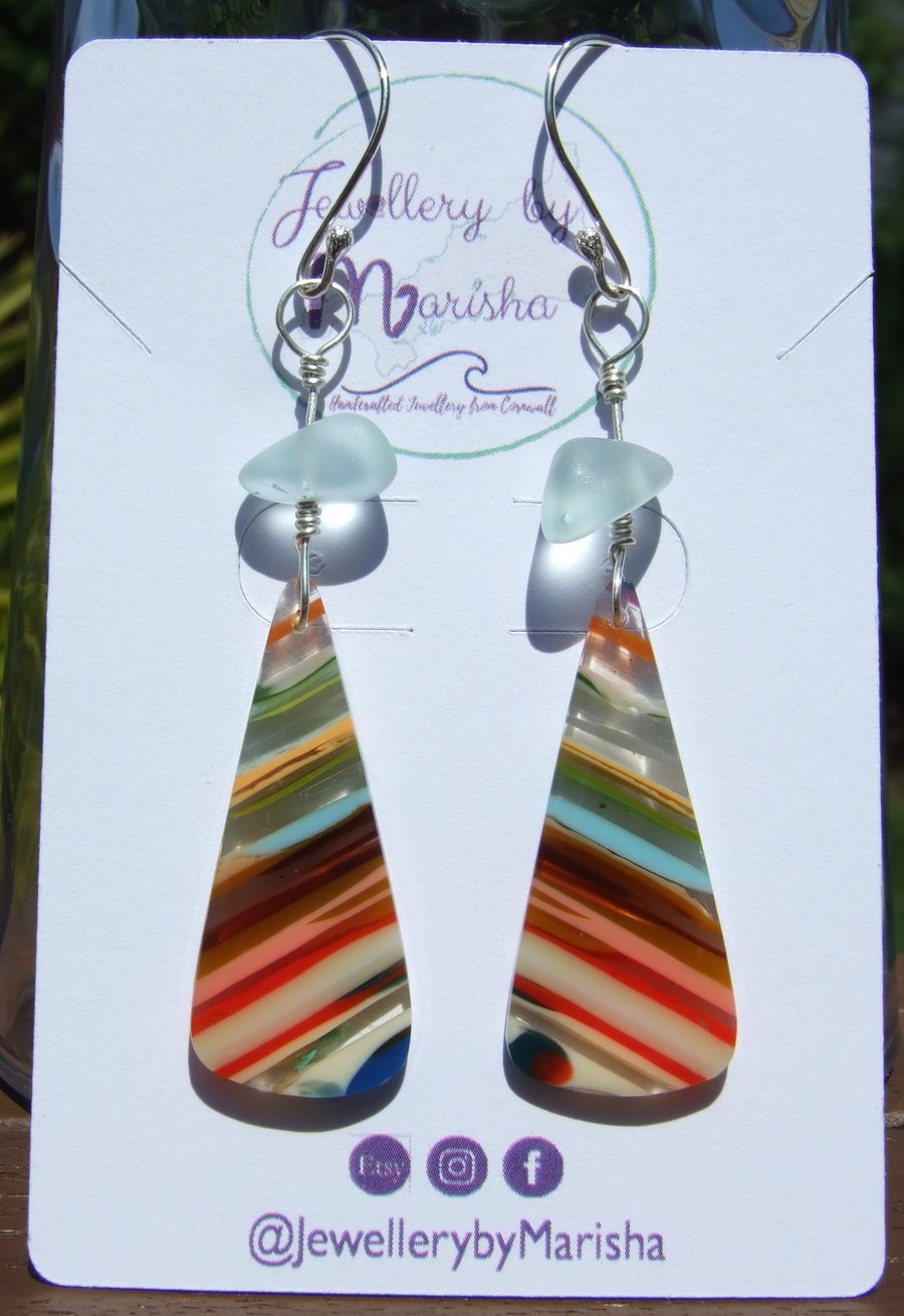 Multicoloured Surfite & Aqua Seaglass Sterling Silver Wire-Wrapped Earrings