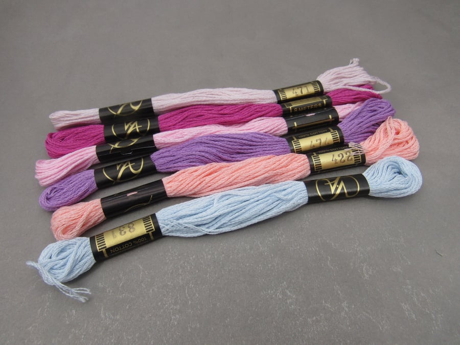 6 Skeins Mixed Purple, Blue, Pink All Cotton Embroidery Thread Floss Pack
