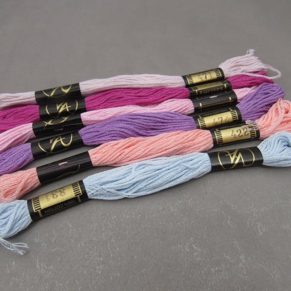6 Skeins Mixed Purple, Blue, Pink All Cotton Embroidery Thread Floss Pack
