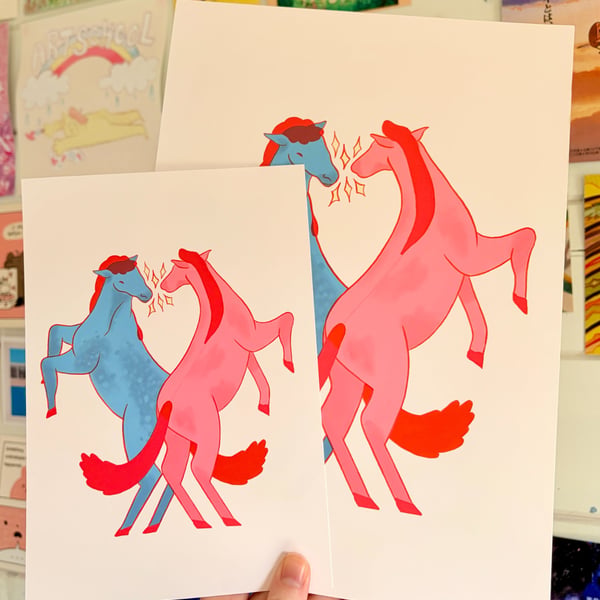 Pink vs Blue Horses A5 and A4 Print
