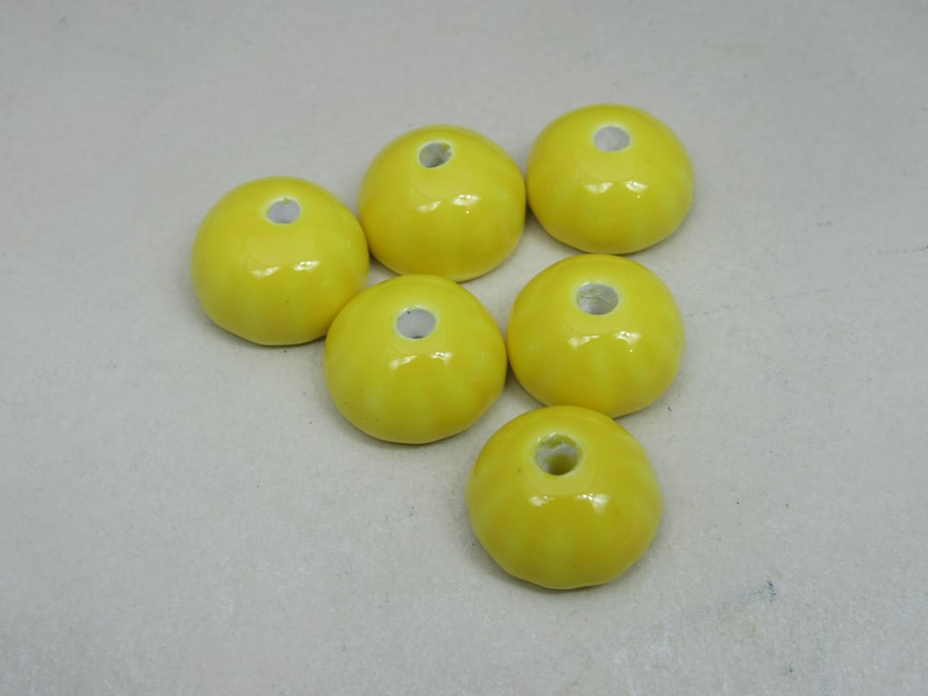 6 Small Lemon Yellow Half-round Ceramic Flower Beads