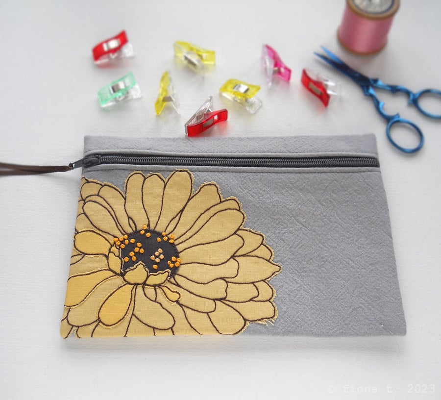 free motion & hand embroidered small floral zip purse pouch case - yellow