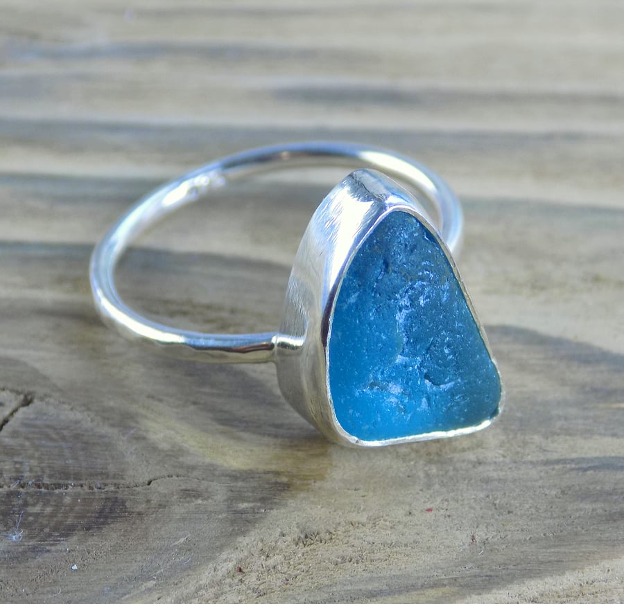 Sterling silver sea glass ring, size P