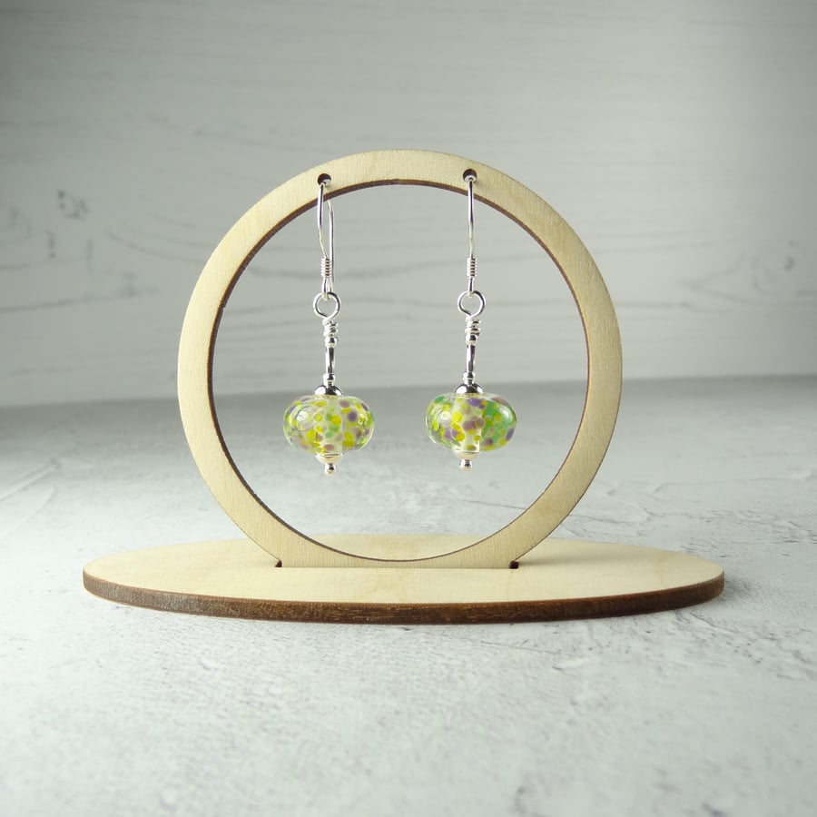 Green yellow purple speckled lampwork glass drop earrings, sterling silver