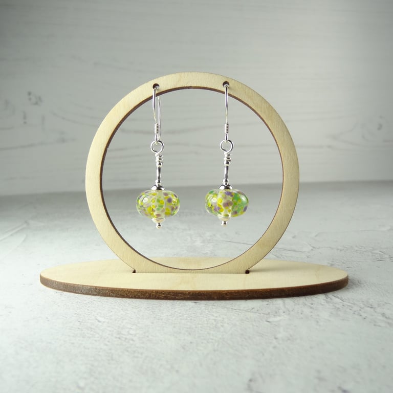 Green yellow purple speckled lampwork glass drop earrings, sterling silver