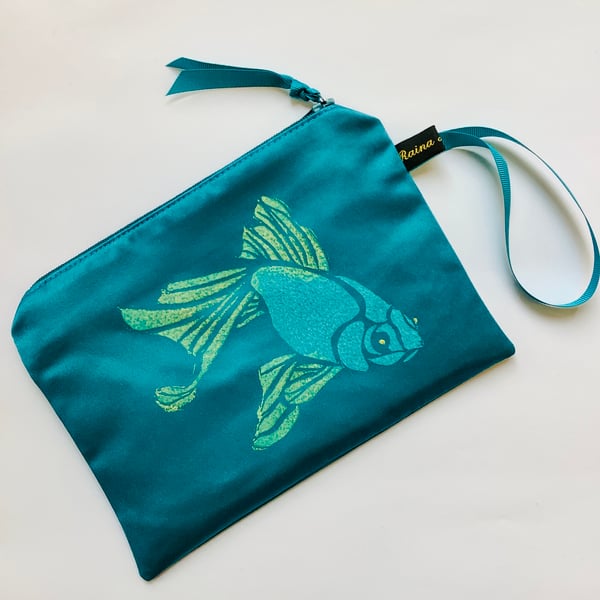 Teal Koi Fish Duchess Satin zip-up pouch