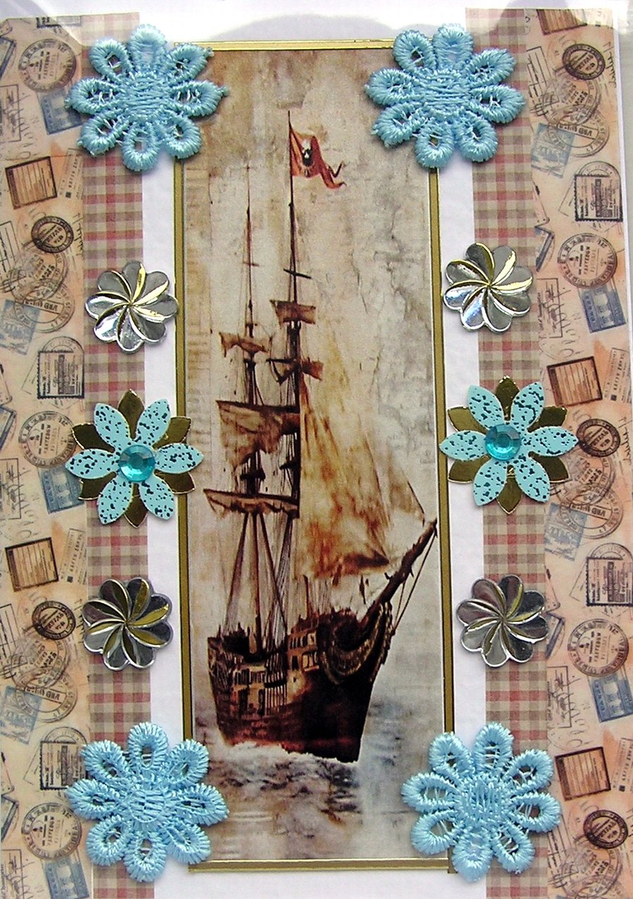 Pirate Ship - Hand Crafted Decoupage Greeting Card - Blank - 3305