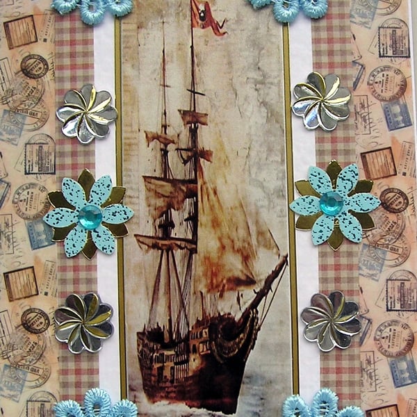 Pirate Ship - Hand Crafted Decoupage Greeting Card - Blank - 3305