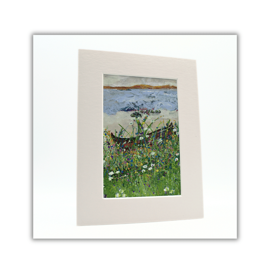 mounted coastal landscape - boat - beach painting - acrylics - Scotland