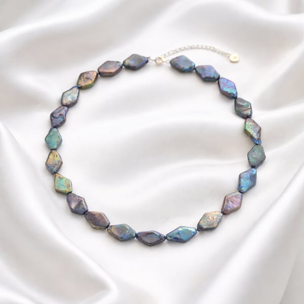 Navy baroque freshwater pearl necklace in sterling silver