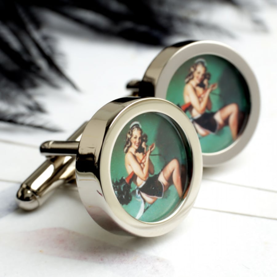 Pin Up Maid with Feather Duster Erotic Cufflinks