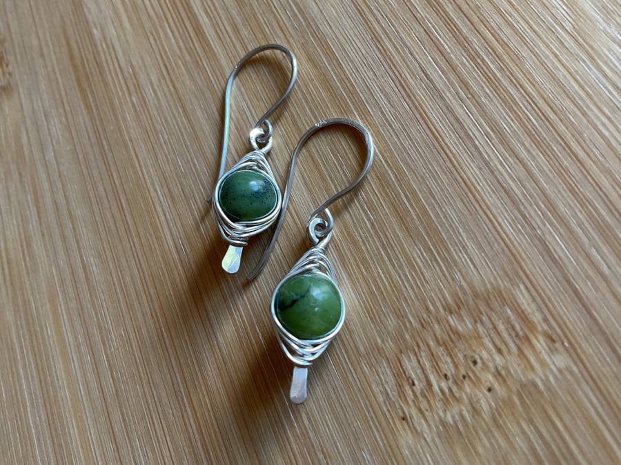 Canadian Jade and Sterling silver herringbone wrapped earrings