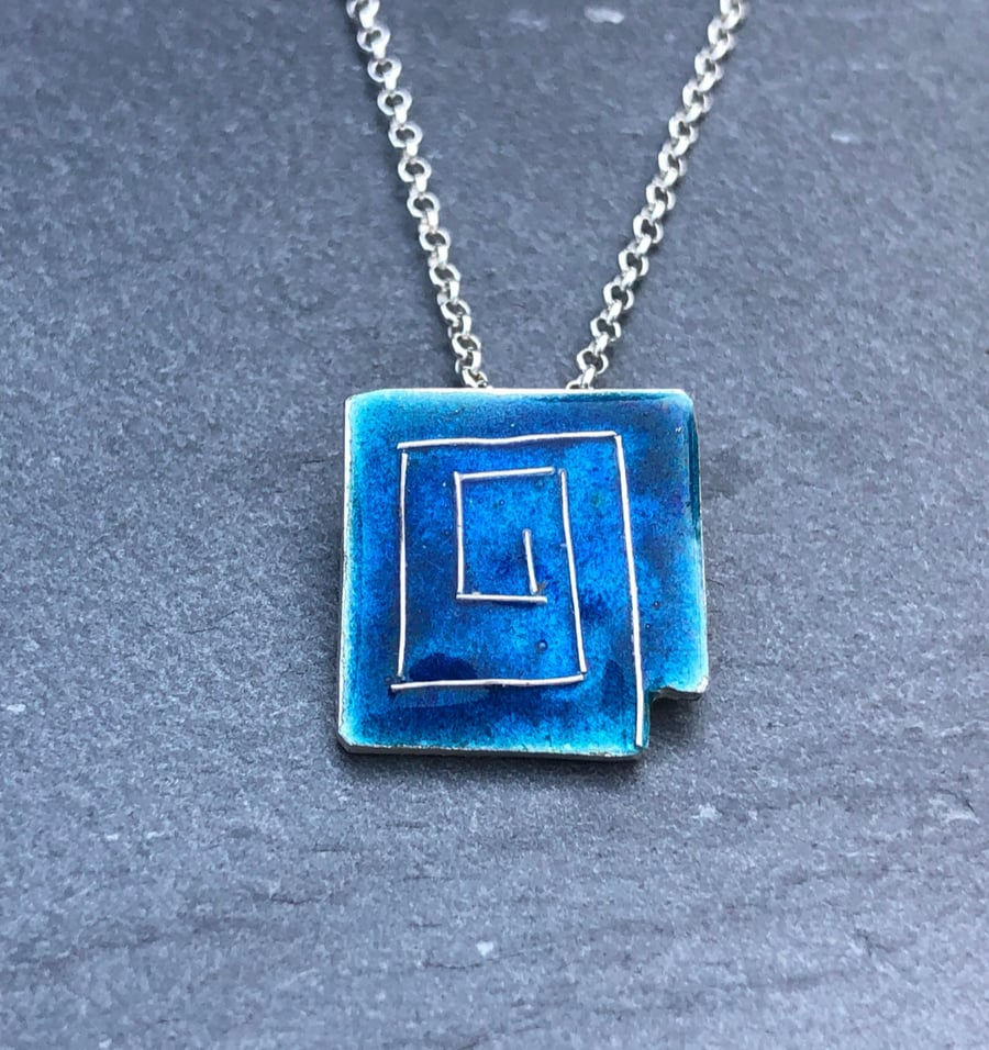 Blue Enamel Pendant, enamel necklace, art deco necklace, enamel jewellery, her