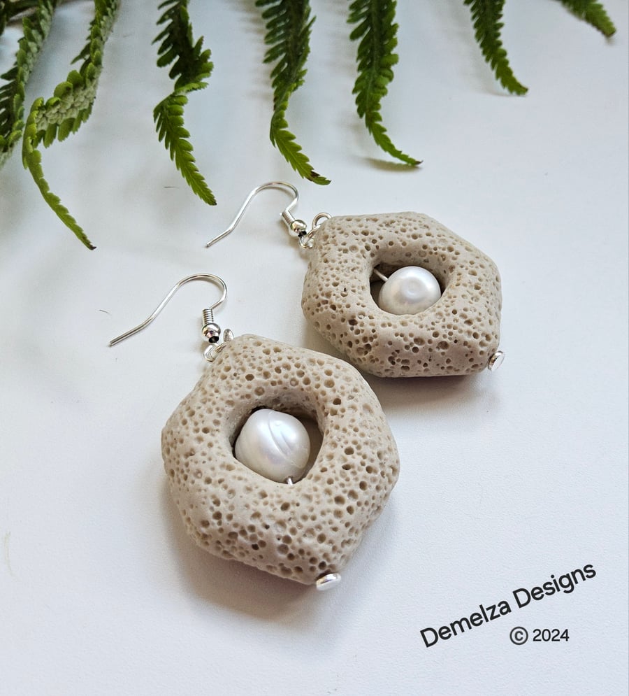 Lava Rock -Lava Stone & Potato Freshwater Pearl Earrings.