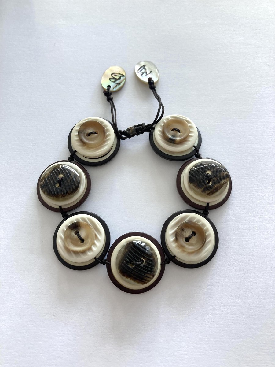 Reserved For Sharon - Brown and Off White - Vintage Button Adjustable Bracelet 
