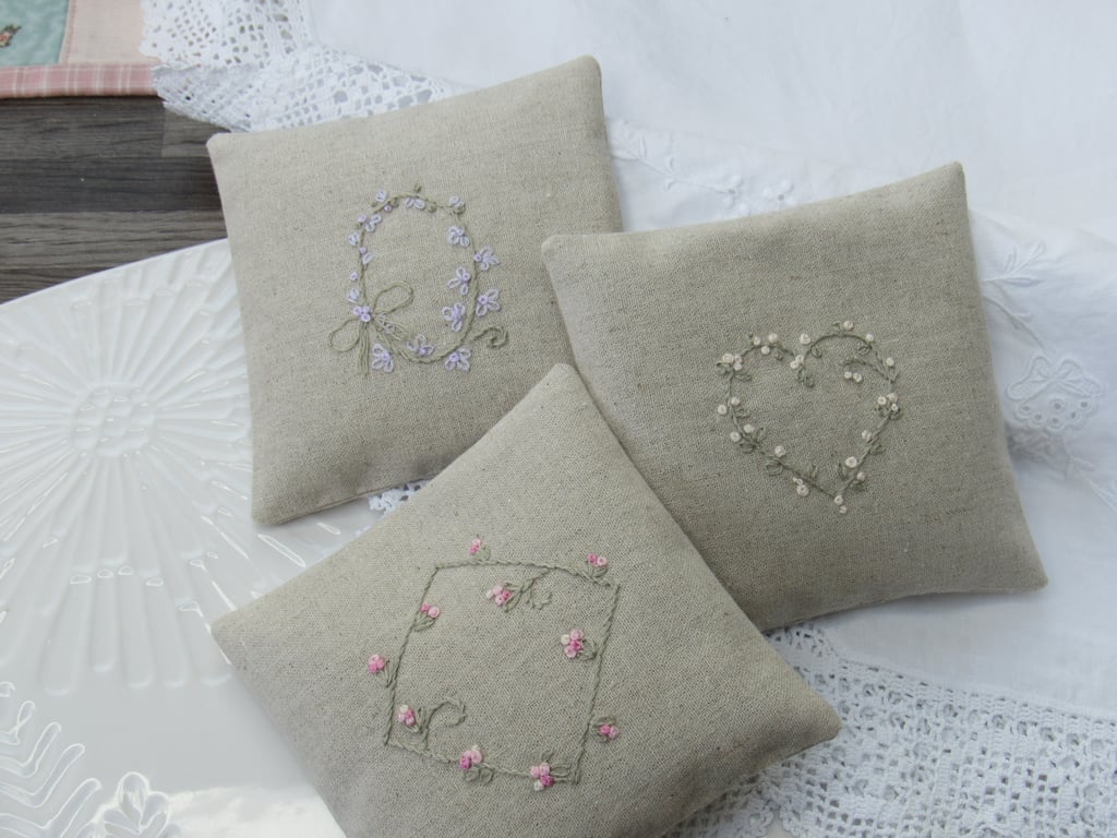 Set of 3 Embroidered Linen Lavender Bags