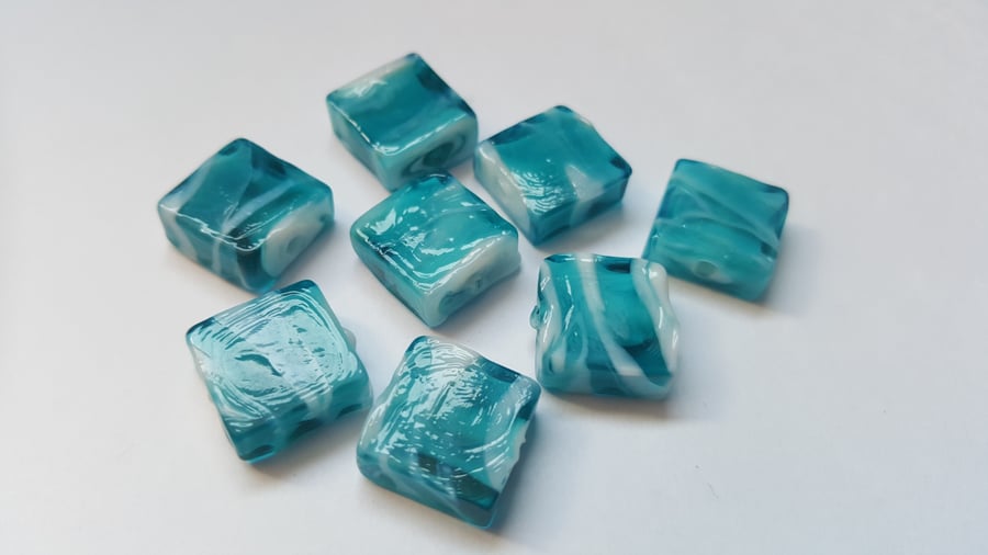 8 x Glass Lampwork Beads - Square - 12mm - Teal 