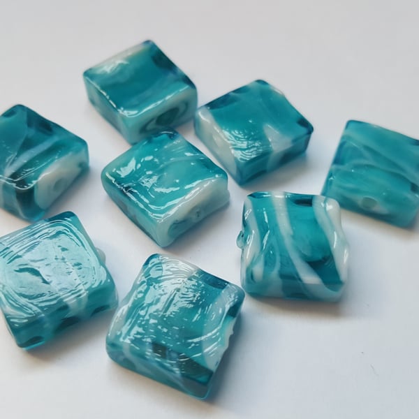 8 x Glass Lampwork Beads - Square - 12mm - Teal 