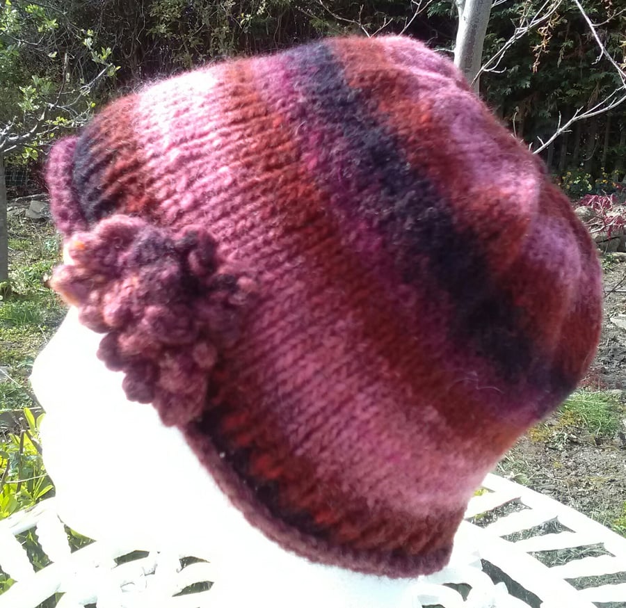 Handknit Noro 3-flower Roll up Beanie Hat 100% wool browns terracotta pink SMALL