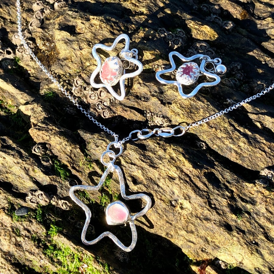 Pink Multi Sea Glass and Sterling Silver Starfish Earring & Pendant Set- 1265