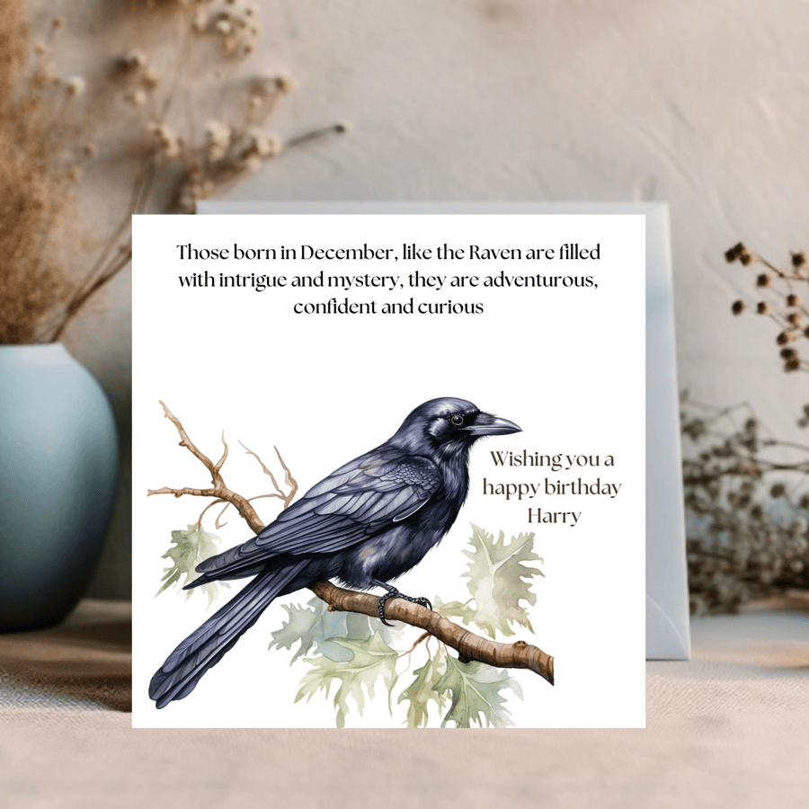Raven Watercolour printed greetings card for an December Birthday