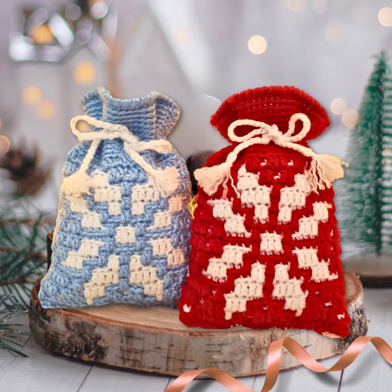 Crochet Drawstring Gift Bag Pouch In Red Or Blue With White Snowflake Pattern