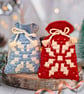 Crochet Drawstring Gift Bag Pouch In Red Or Blue With White Snowflake Pattern