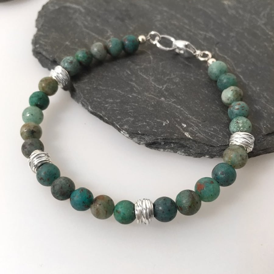 Cupric chrysocolla and silver bracelet