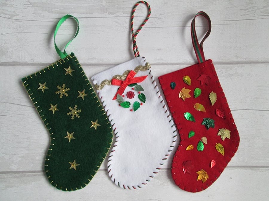 SALE - Set of Three Small Felt Christmas Stockings in Traditional Colours