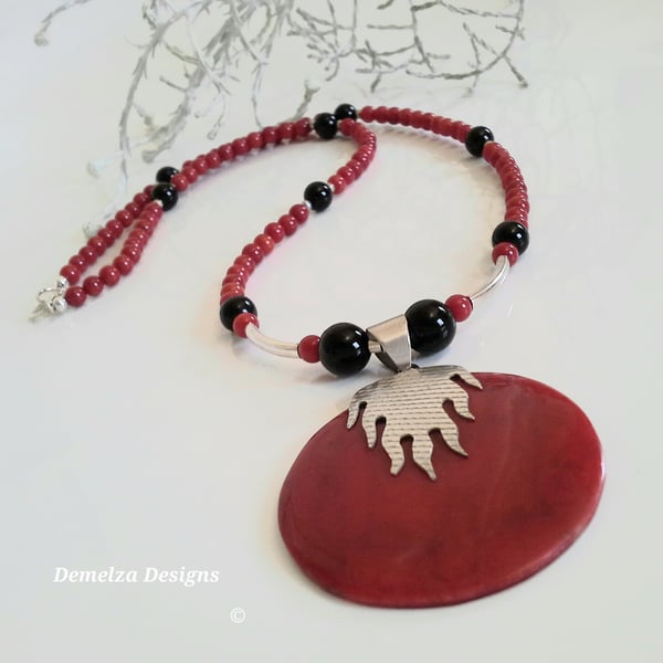Eco Reclaimed Red Coral & Black Onyx Sterling Silver  Necklace