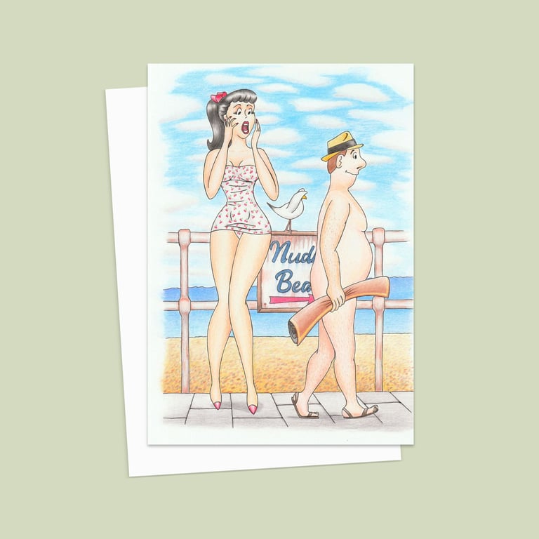 Nudist Beach Greetings Card: Hand Drawn Postcard Style Artwork (802)