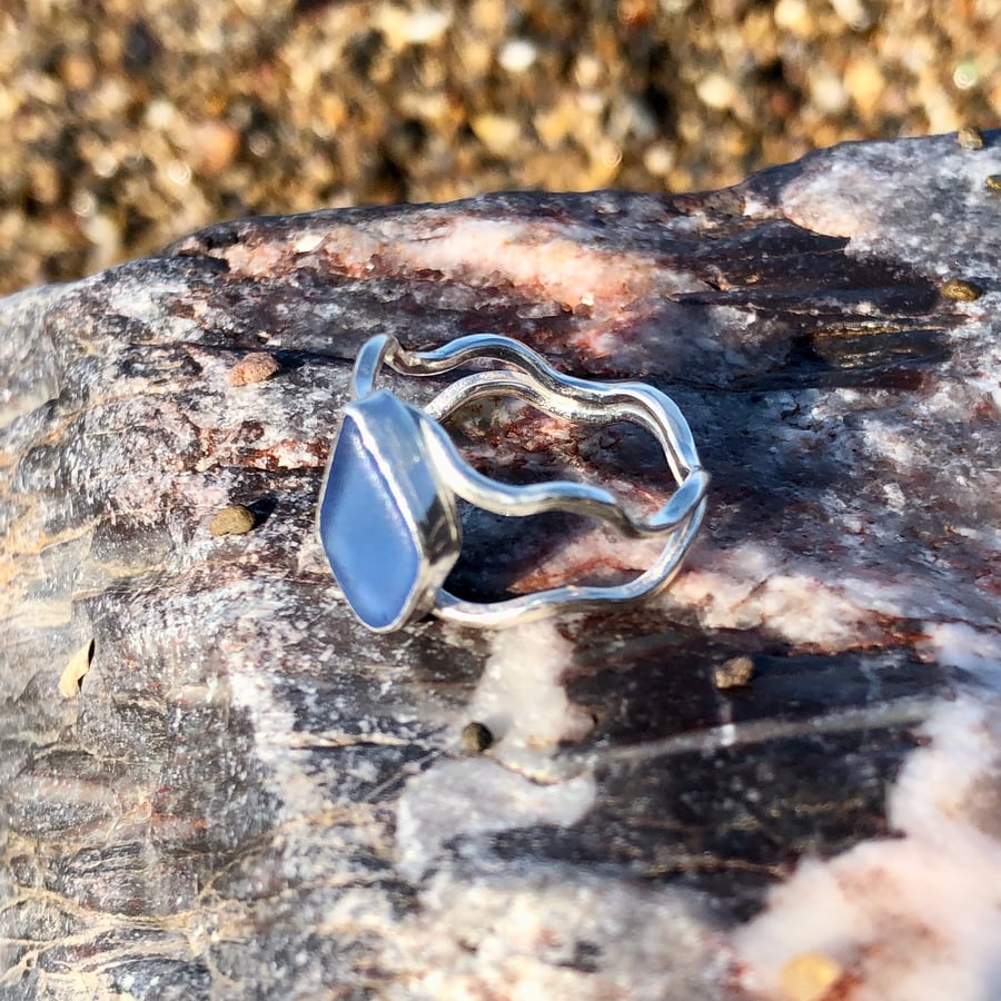 Cornflower Blue Double Wave Sea Glass and Sterling Silver Ring- Size P - 1250