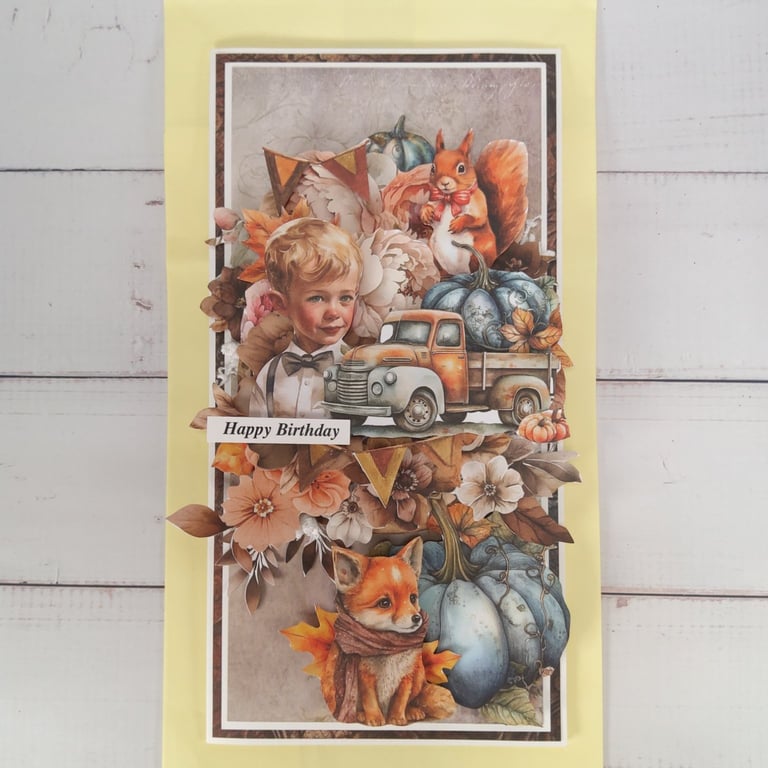 Handmade Autumn Birthday Card  - 3D Woodland Boy, Fox &Vintage Truck (108).