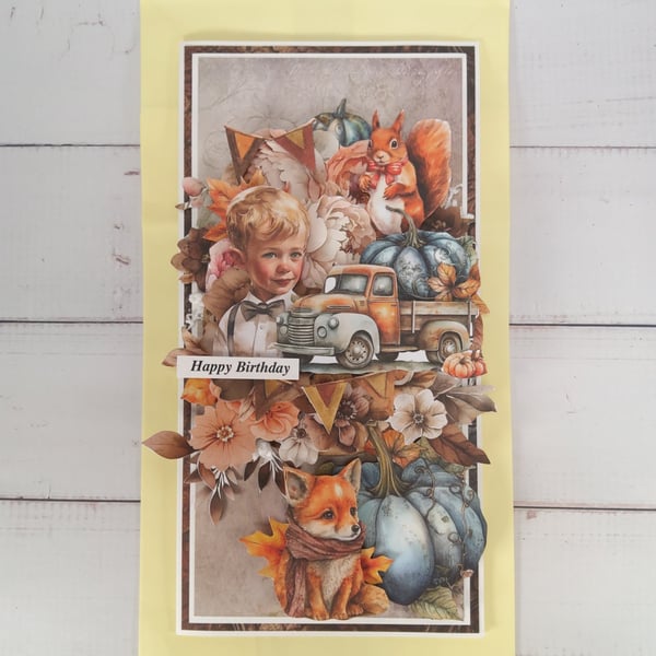 Handmade Autumn Birthday Card  - 3D Woodland Boy, Fox &Vintage Truck (108).